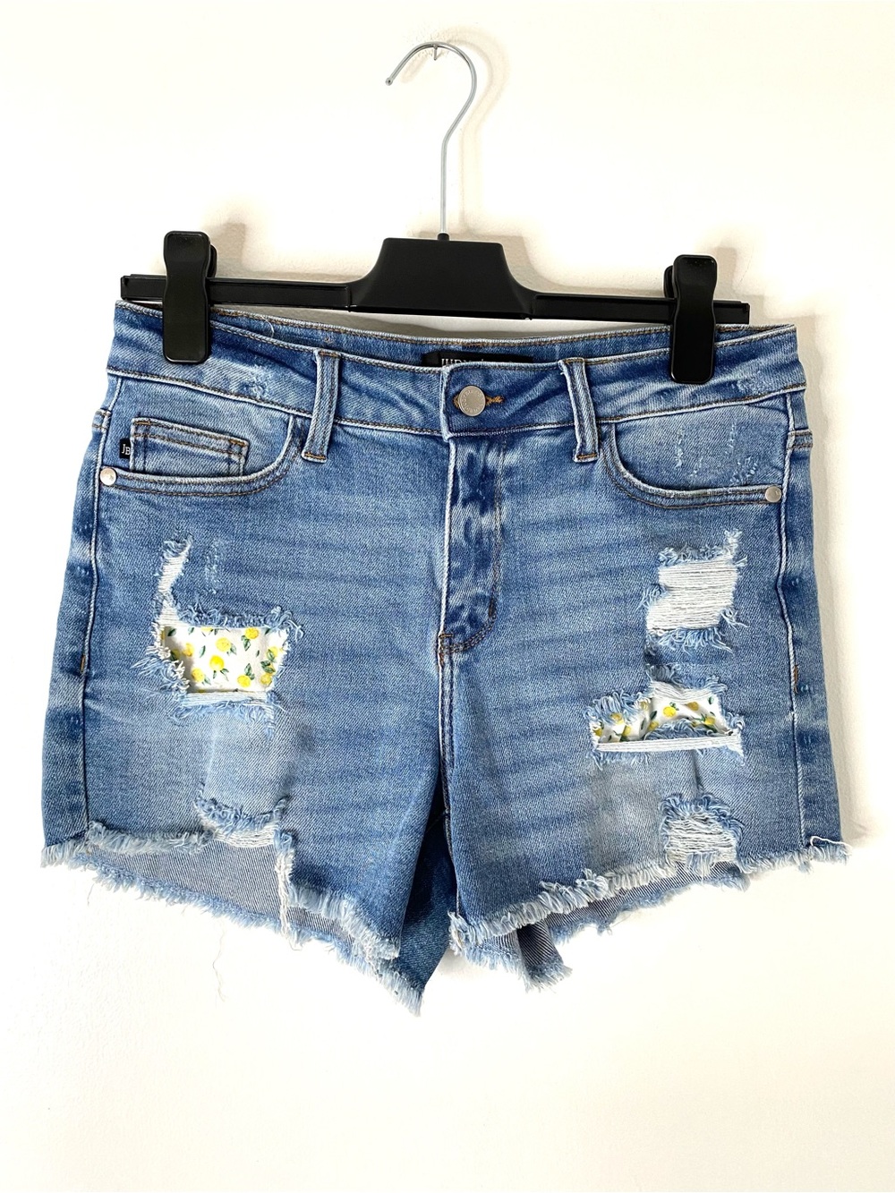 Judy Blue High Rise Distressed Lemon Patch Raw Hem Denim Shorts